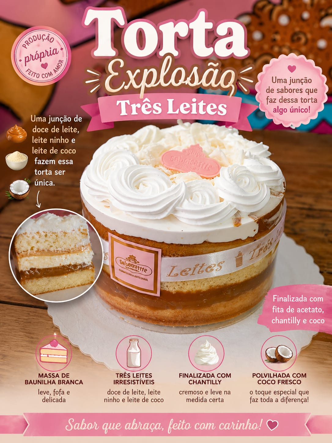 TORTA EXPLOSÃO TRÊS LEITE