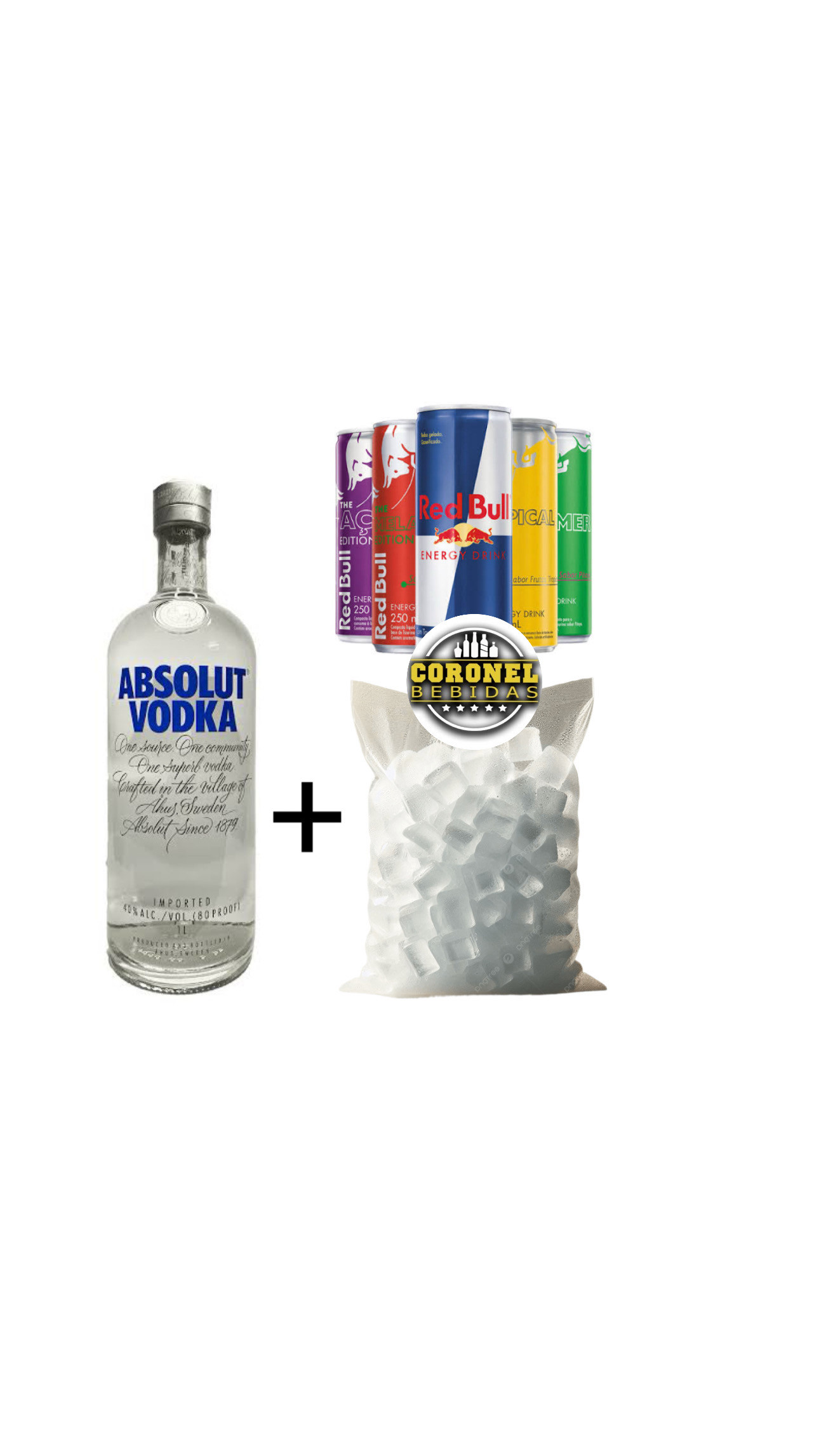 Vodka Absolut 1L + 4 Redbul( escolher sabores)+ Gelo Filtrado 5kg