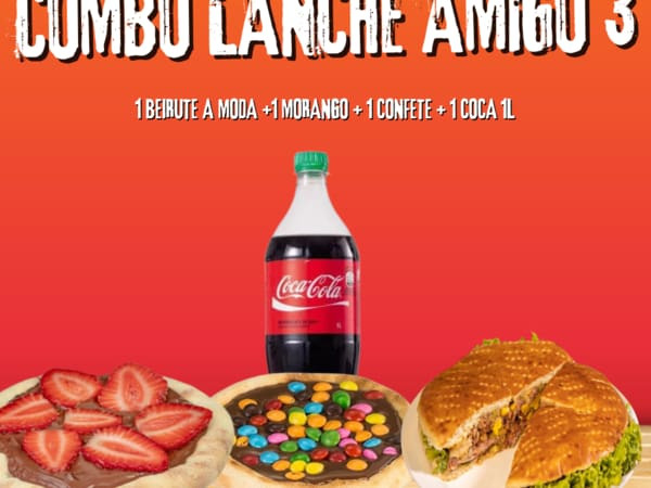 Combo Lanche amigo Nº3 (1 Beirute á moda + 1 de morango + 1 Confete +1 coca 1l)