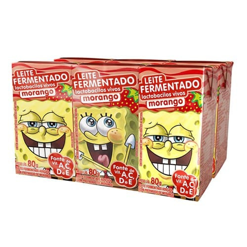 Leite Fermentado Bob Esponja Sabor Morango Elegê 80g com 6un