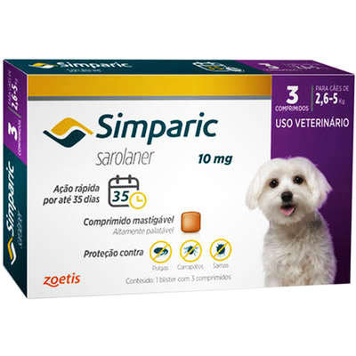 Antipulgas Simparic 10 mg  Zoetis para Cães 2,6 a 5 Kg. Contém 3 comprimidos.