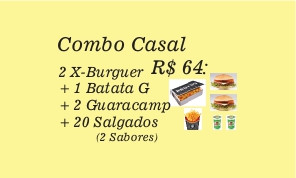 COMBO CASAL-2 XBURGUER + 1BATATA+20 SALGADINHOS+2 GUARACAMP