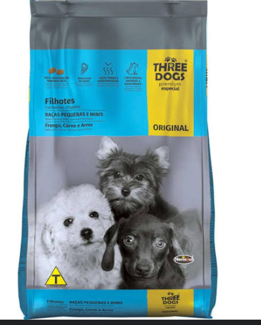 Three Dogs Original Filhote Pequenas e Mini Sabor Frango, Carne e Arroz  