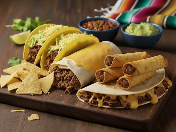 Sequência Mexicana - Tacos + Taquitos + Burrito + Quesadilla + Totopes + Molhos