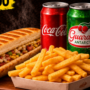 COMBO 3 (2 DOG ABERTO + 2 FRITAS DE 150G + 2 REFRI LATA. PÃO DE HOT DOG)