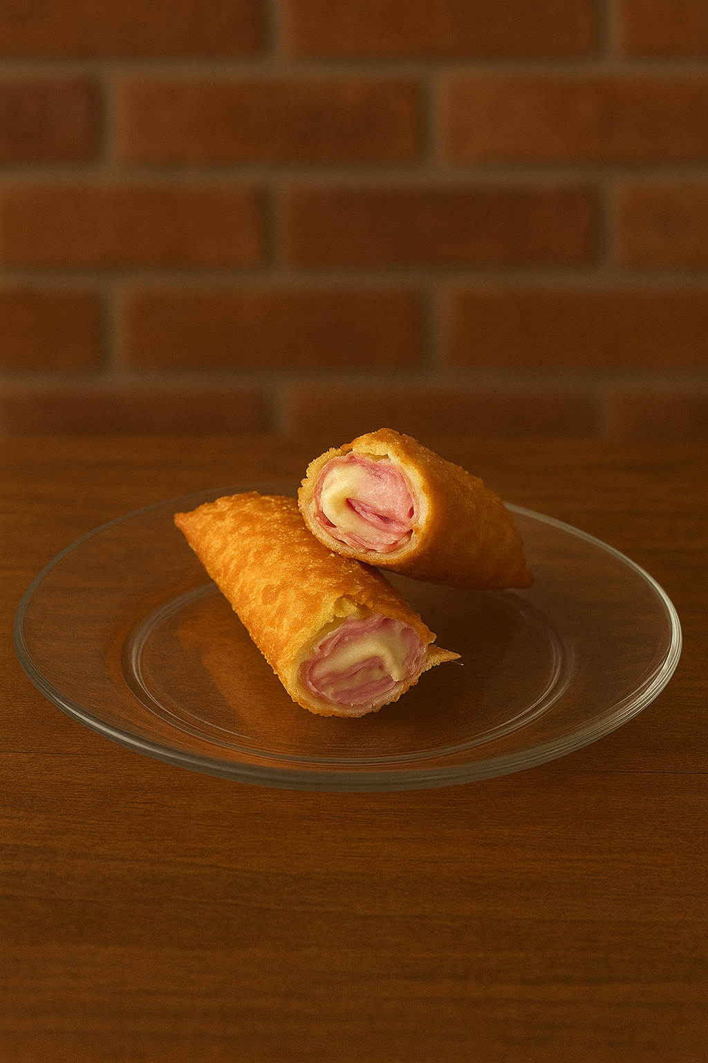 Enroladinho frito na massa do pastel com presunto e mussarela