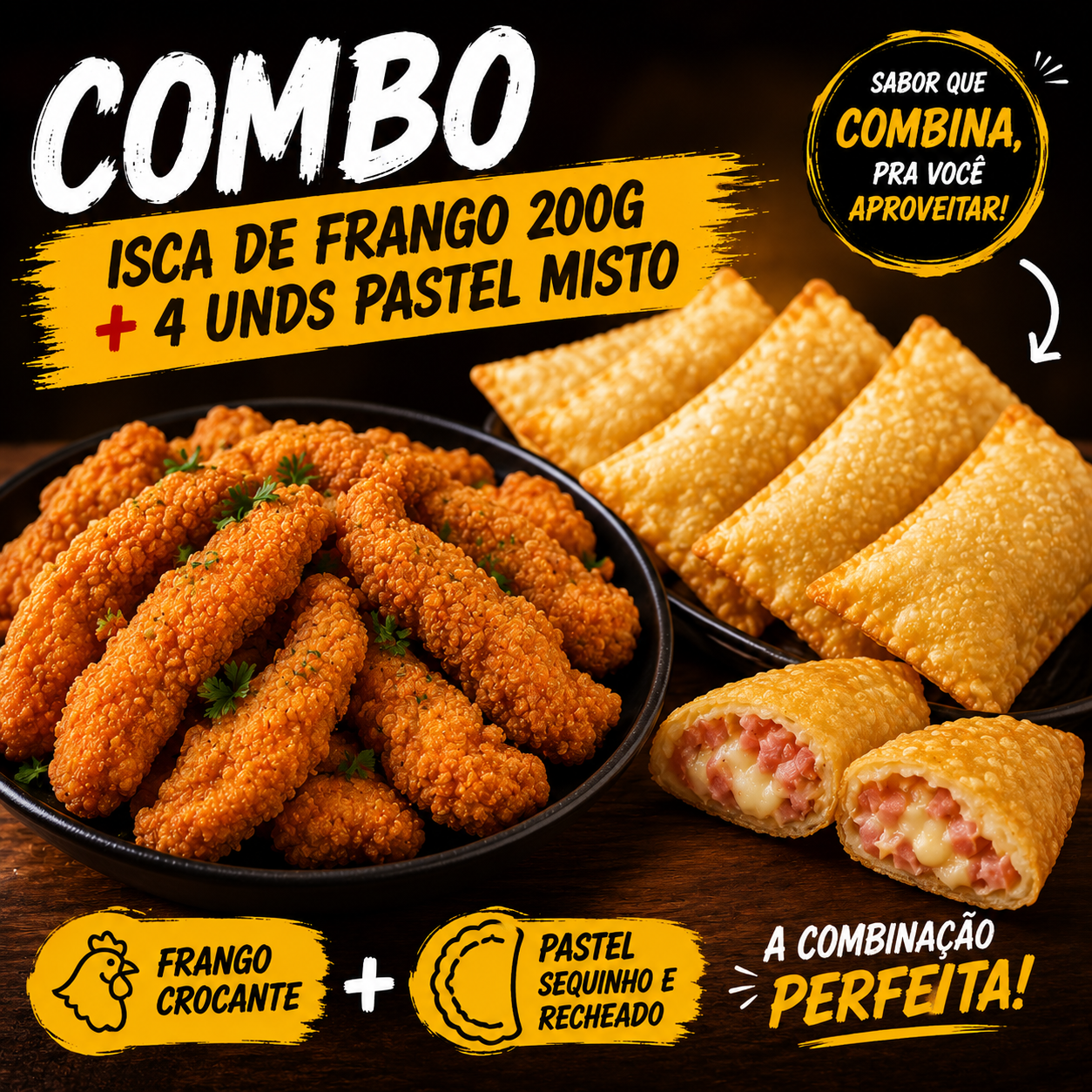 COMBO UMA ISSCA DE FRANGO 200G + 4 UNDS PASTEL MISTO