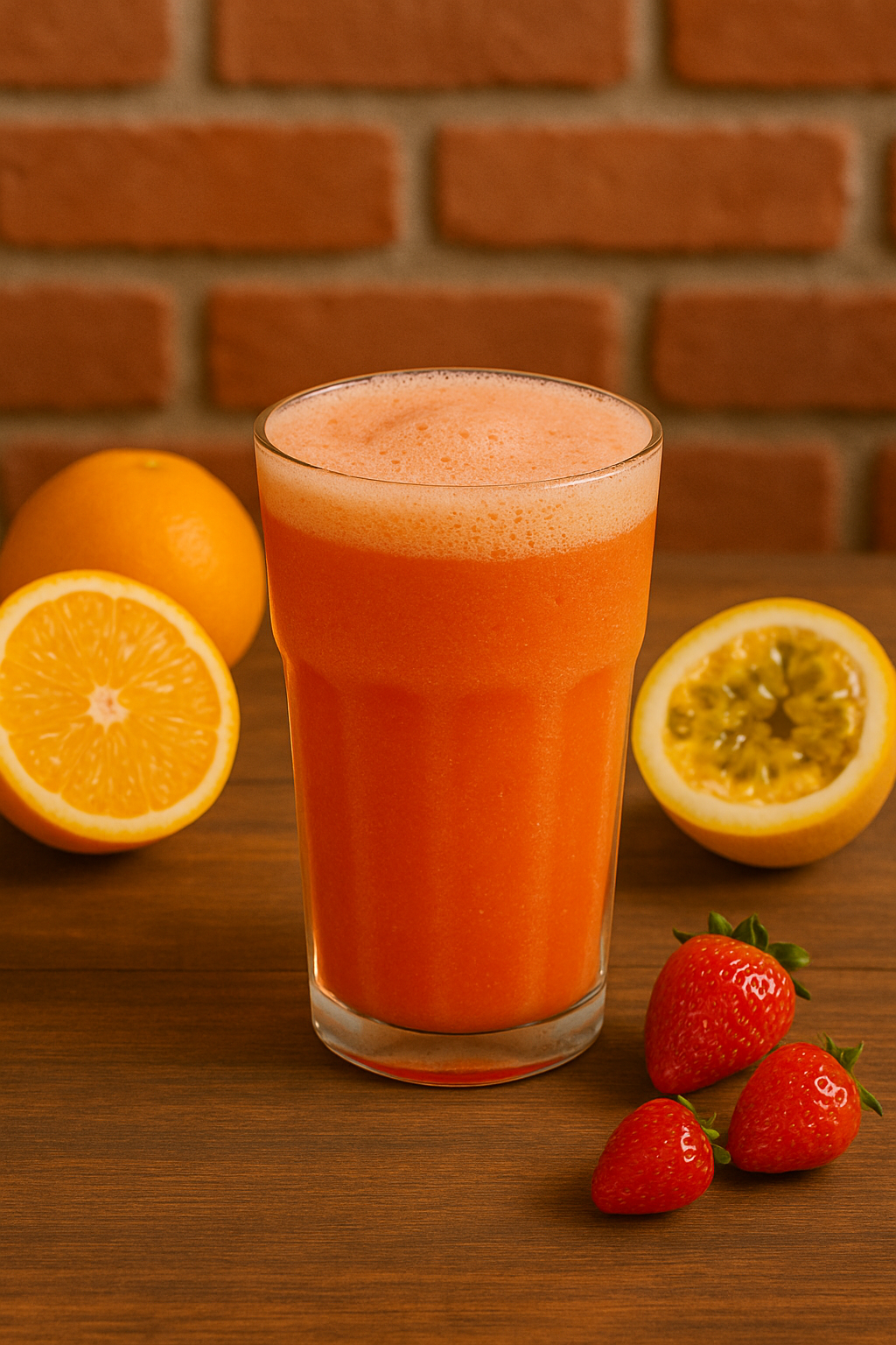 Suco de laranja com morango e maracujá