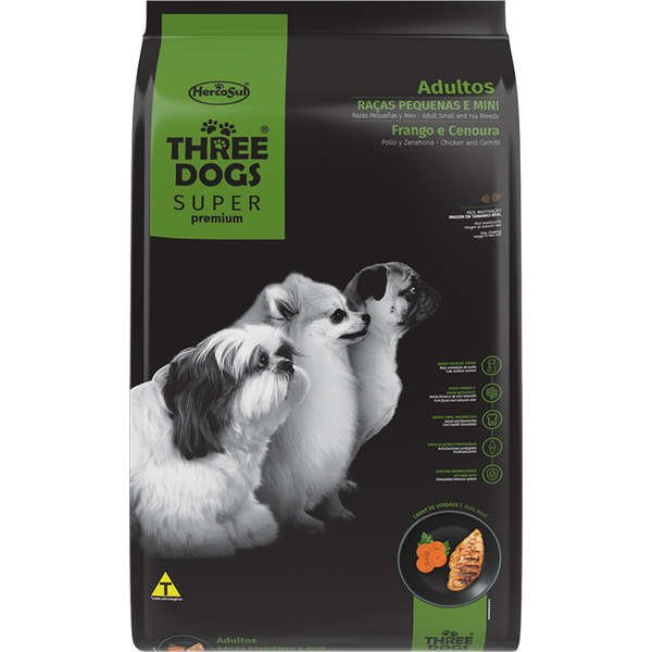 Three Dogs Super Premium Adulto Pequenas e Mini 15Kg Sabor Frango e Cenoura