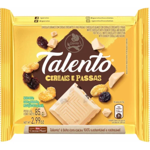 Chocolate Talento Cereais e Passas 85g