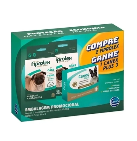 Kit 2 Fiprolex Cães até 10kg + 1 Canex Plus 3 Caixa 4 Compr