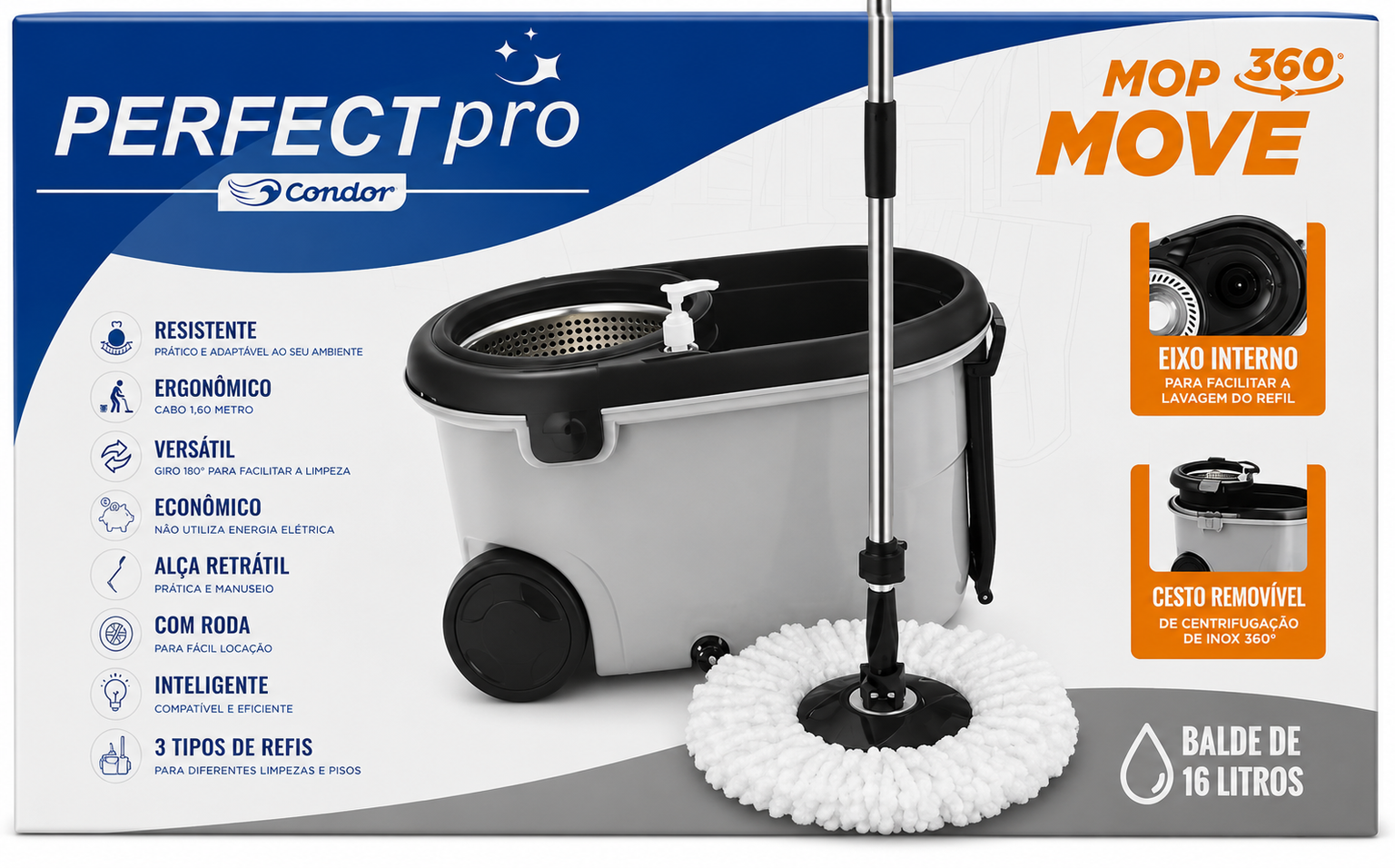 Mop Perfect Move Com Roda E Alça Cinza Com Preto - 16L