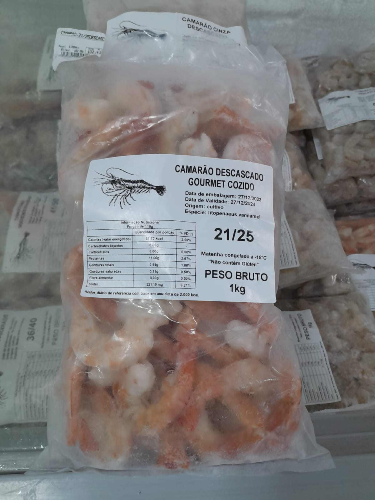 Filé de camarão cinza gourmet GG 21/25 (1kg). 