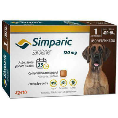 Antipulgas Simparic 120 mg Zoetis para Cães 40,1 a 60 Kg. Contém 1 comprimido.