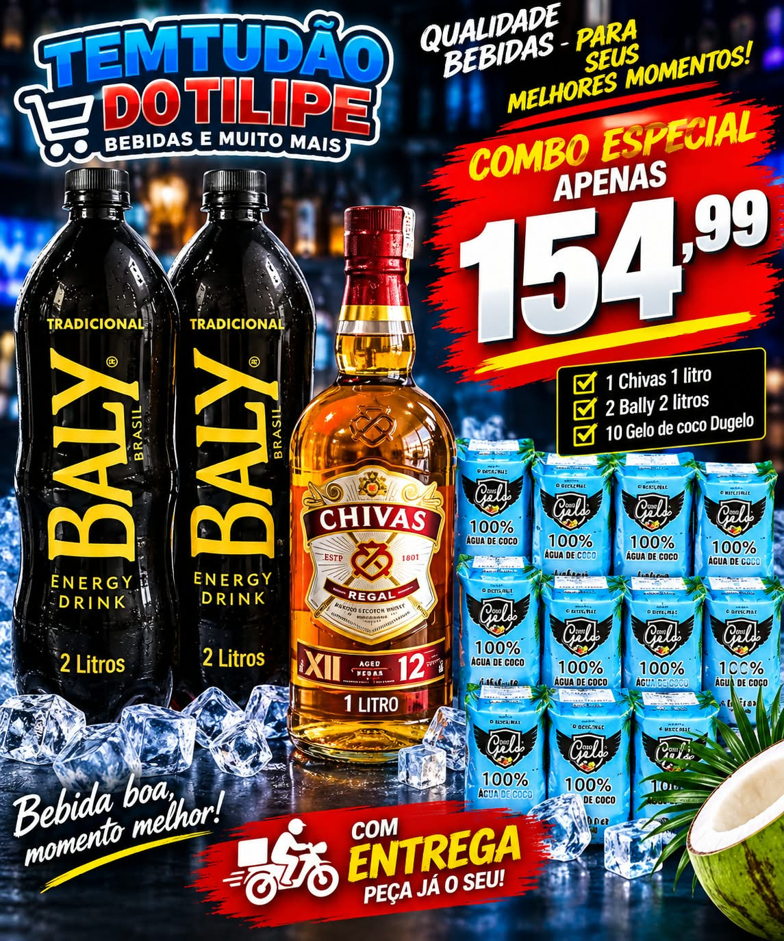 COMBO CHIVAS 12 ANOS 1LT + 2 BALY 2LT + 10 SACHE