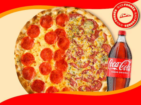 1 Pizza 1/2 Pepperoni + 1/2 Calabresa com Gorgonzola 40cm + Coca-Cola 2l