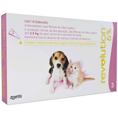 Antipulgas e Carrapatos Zoetis Revolution 6% para Cães e Gatos até 2,5 kg 15 mg. Contém 3 pipetas.