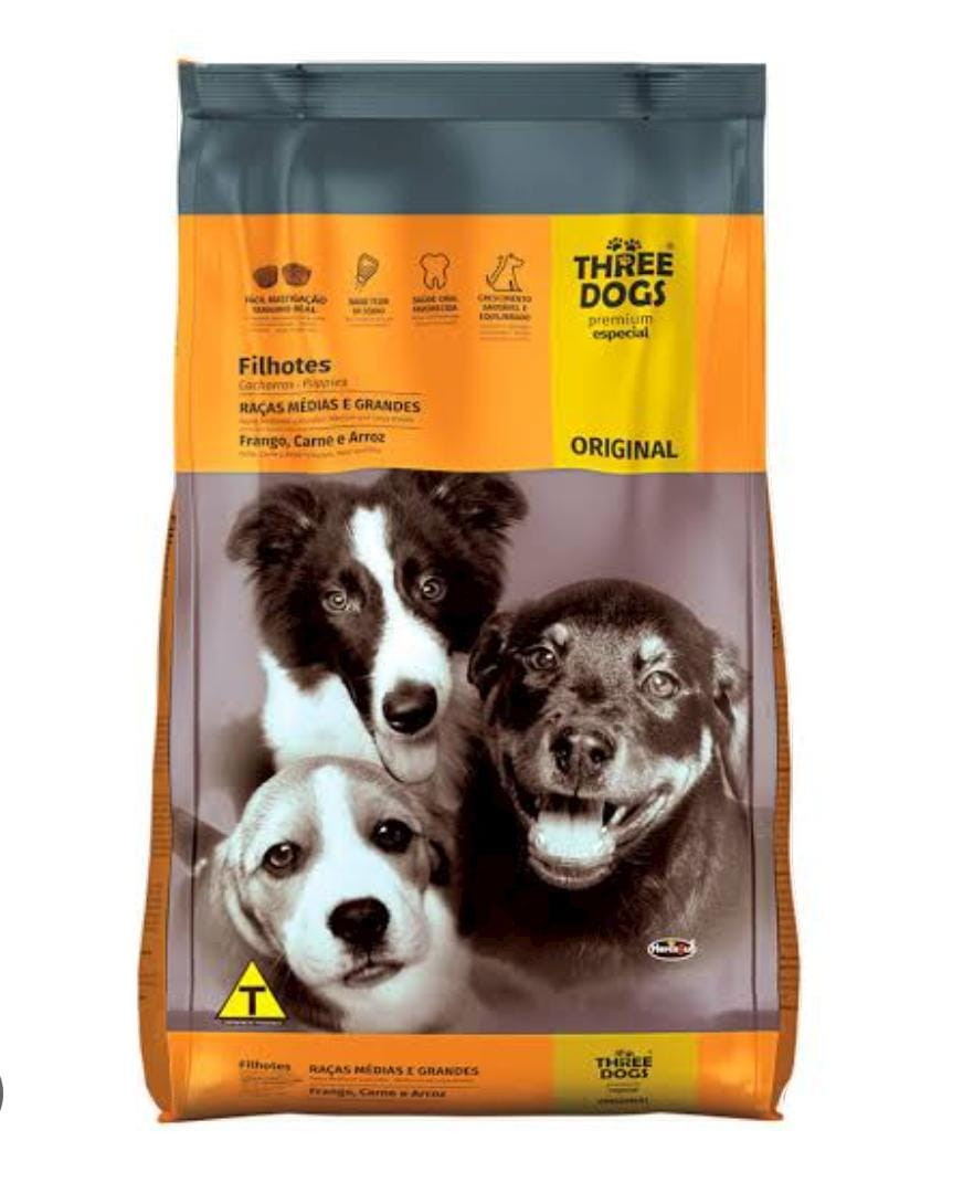 Three Dogs Original Filhote Medias e Grandes 15Kg Sabor Frango, Carne e Arroz