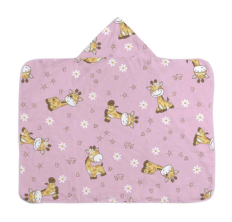 Toalha de Banho com Capuz com Forro Bercinho 70cm x 90cm - Girafa Rosa