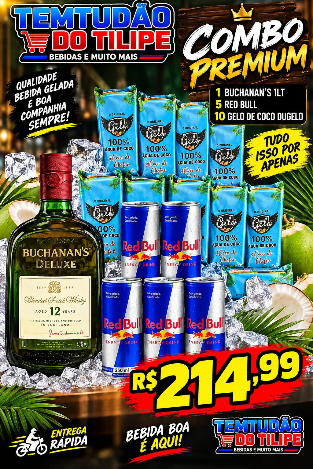 Combo buchanans 1LT+5 Red Bull+ 10 GELO DE COCO Sache