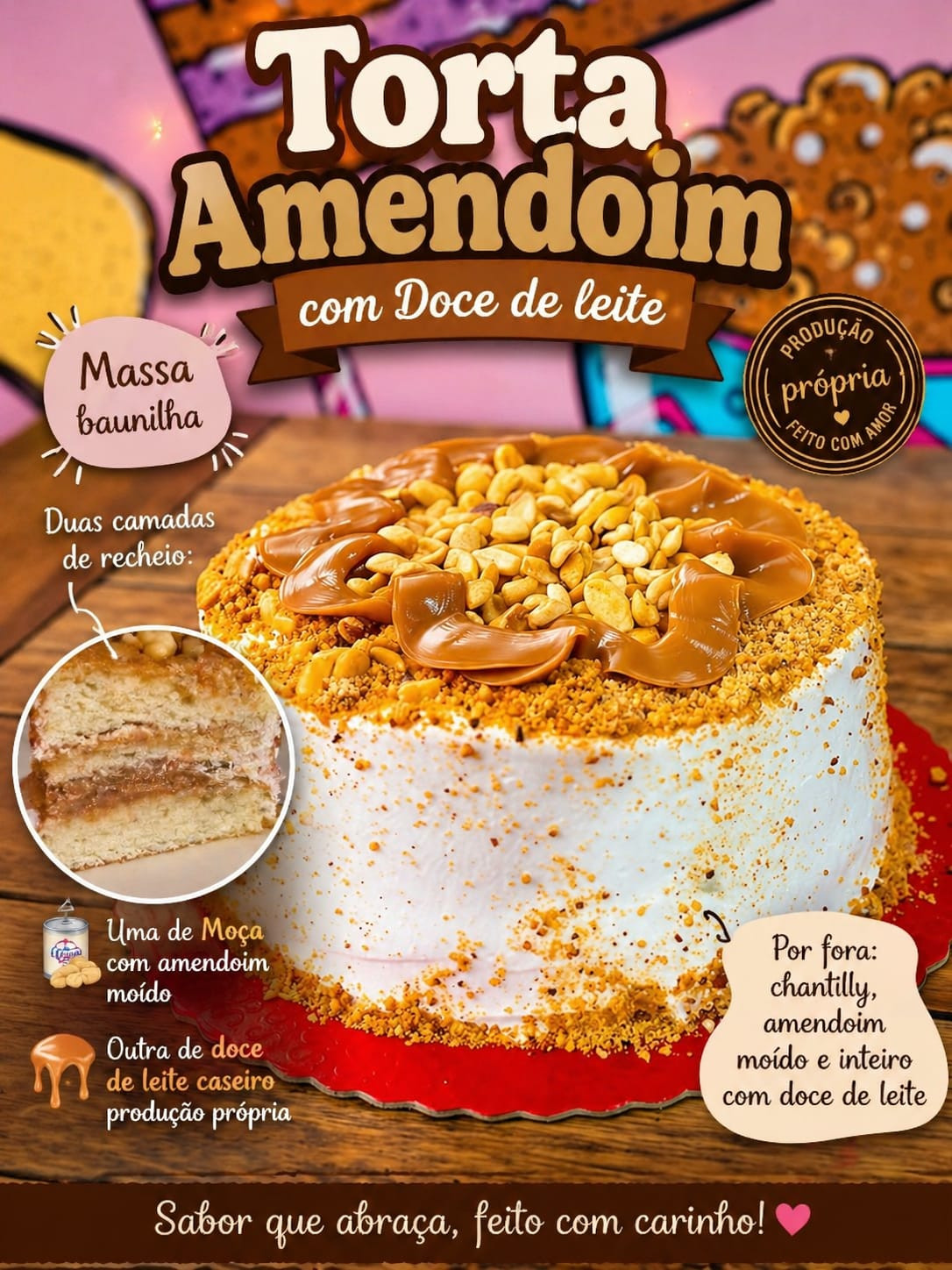 TORTA AMENDOIM COM DOCE DE LEITE