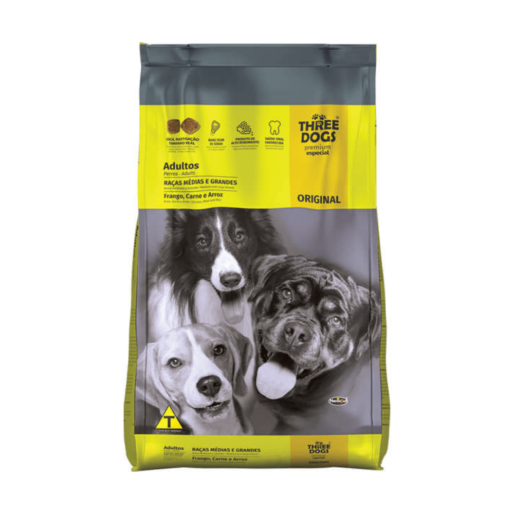 Three Dogs Original Adultos Médias e Grandes 10Kg Sabor Frango, carne e arroz