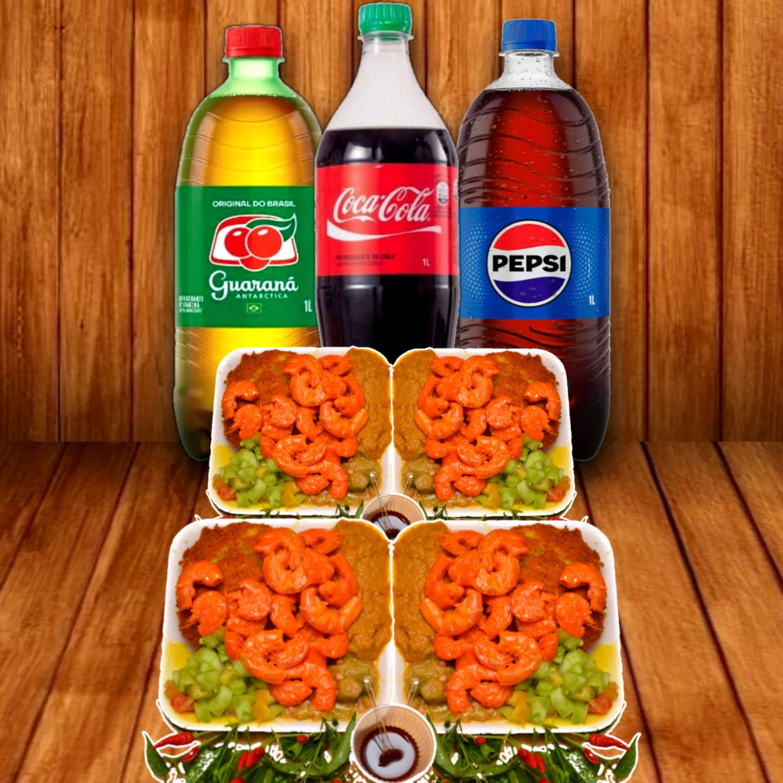 4 acarajé no prato c/ camarão defumado+2 refrigerante litro