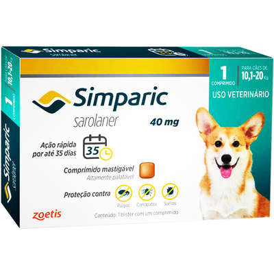 Antipulgas Simparic 40 mg Zoetis  para Cães 10,1 a 20 Kg. Contém 1 comprido.