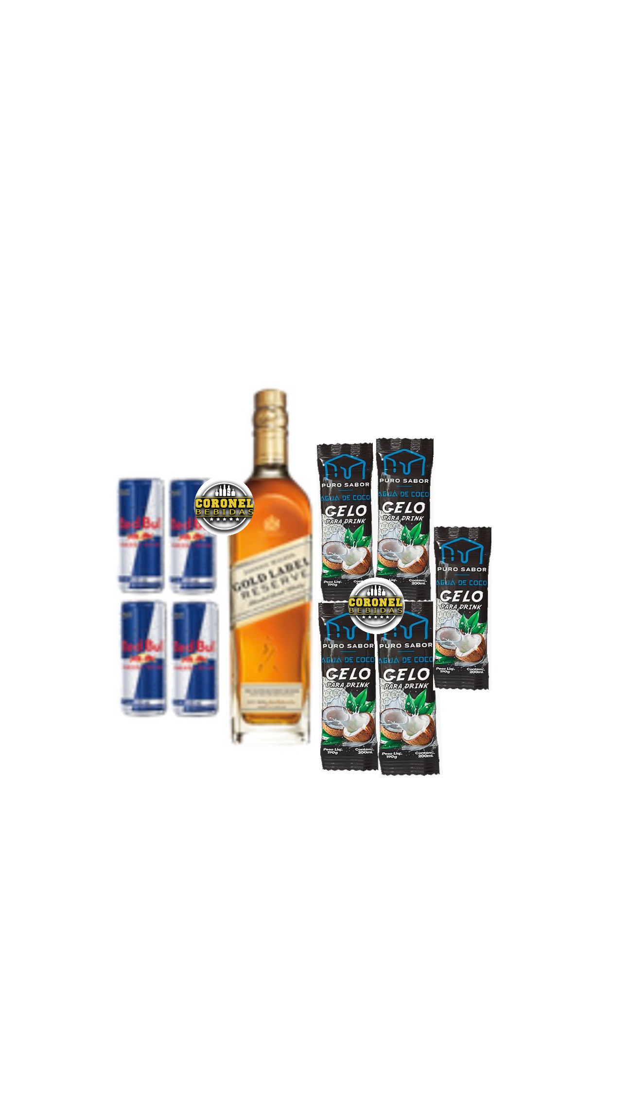 Gold label750mL + 4 Redbull + 5 gelo de coco