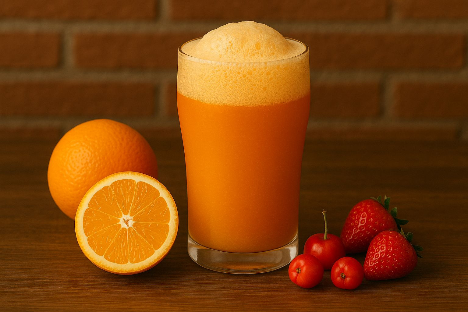 Suco de laranja com acerola e morango