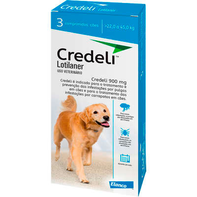 Antipulgas e Carrapatos Credeli 900 mg Elanco para Cãe para cães de 22kg até 45kg. Contém 3 comprimidos.