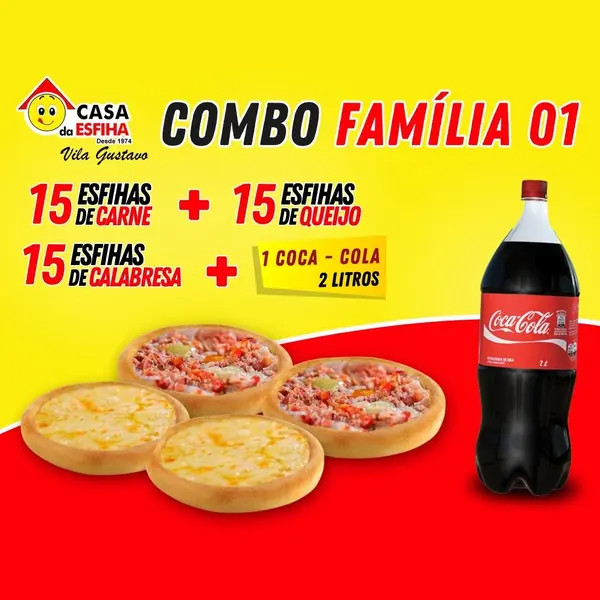 Combo Família Nº1 (15 esf de carne + 15 de queijo + 15 de calabresa + 1 Coca 2l)