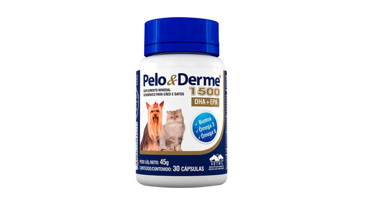 Pelo & Derme 1500 45g. Contém 30 cápsulas.