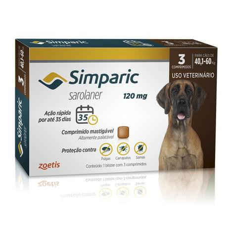 Antipulgas Simparic 120 mg Zoetis para Cães 40,1 a 60 Kg. Contém 3 comprimidos.