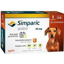 Antipulgas Simparic 20 mg Zoetis  para Cães 5,1 a 10 Kg. Contém 1 comprimido.