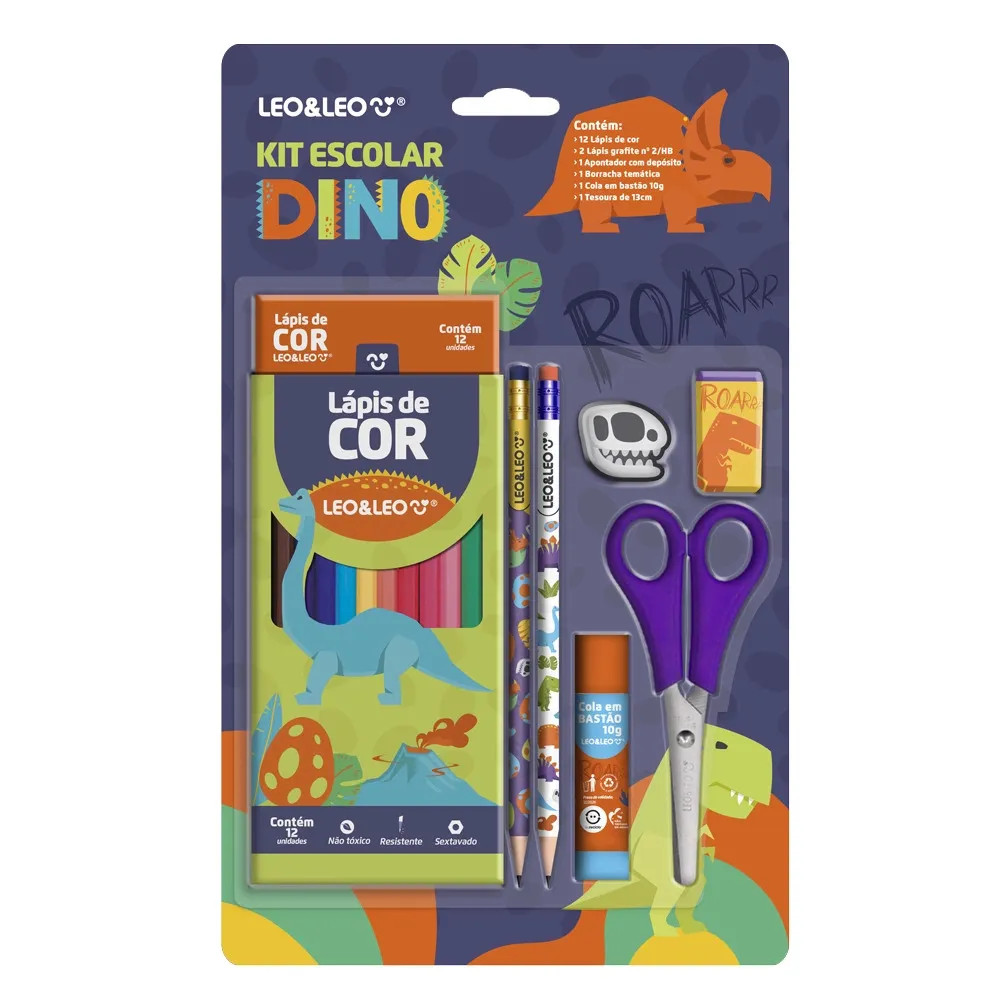 KIT ESCOLAR LAPIS DE COR+6PCS LEO&LEO DINO