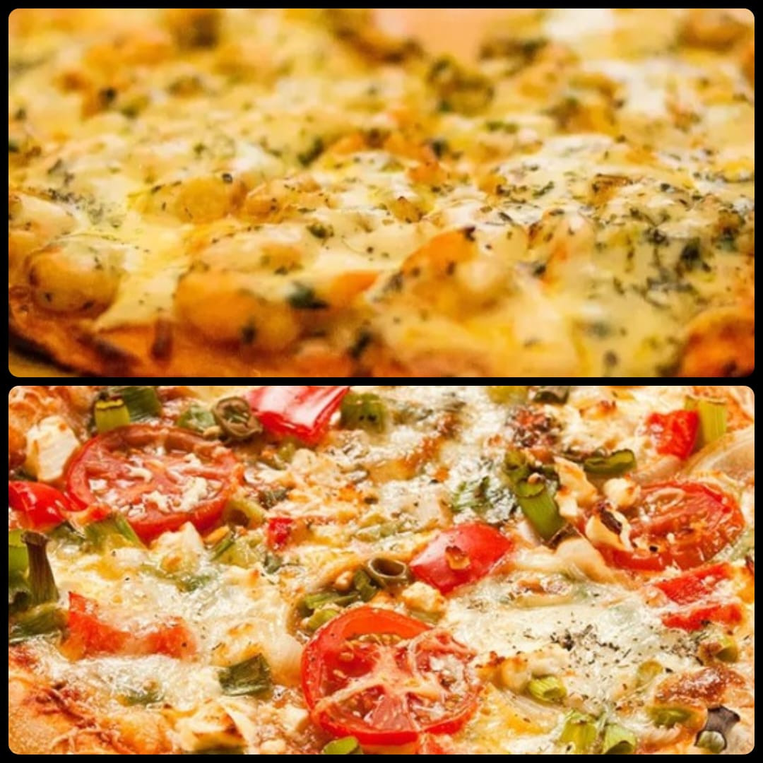 Pizza meia de camarão, meia vegetariana