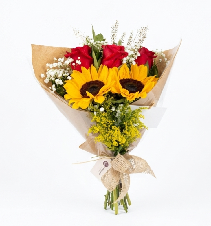 Buquê rosas e girassol