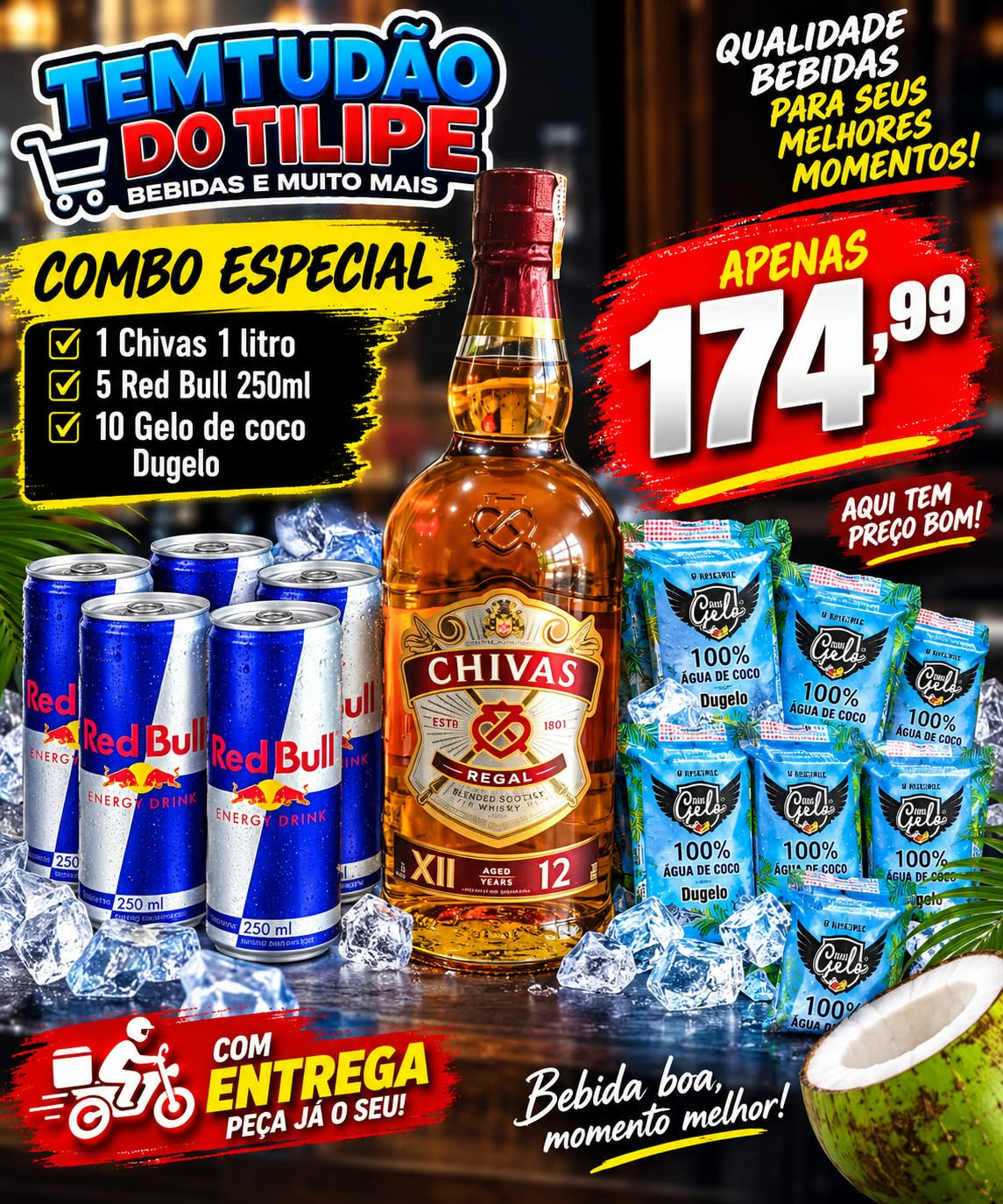 Combo Chivas 12 anos 1LT+5 Red Bull+10 Sache