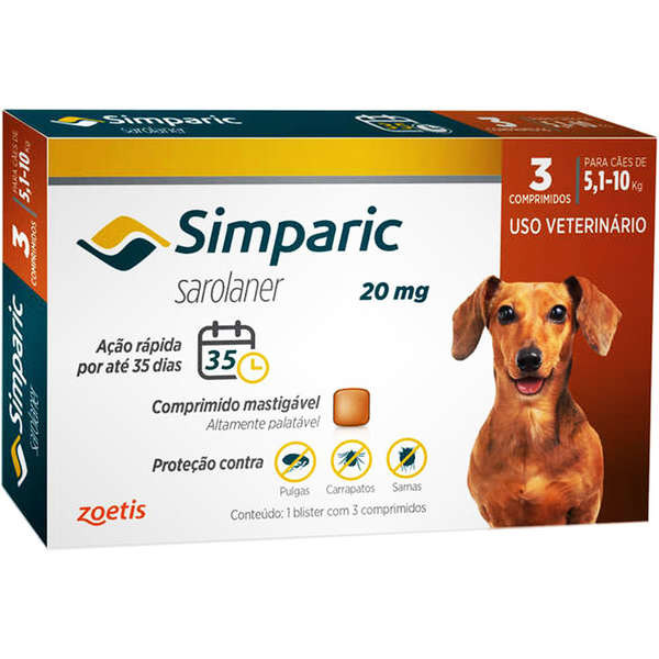 Antipulgas Simparic 20 mg Zoetis para Cães 5,1 a 10 Kg. Contém 3 comprimidos.