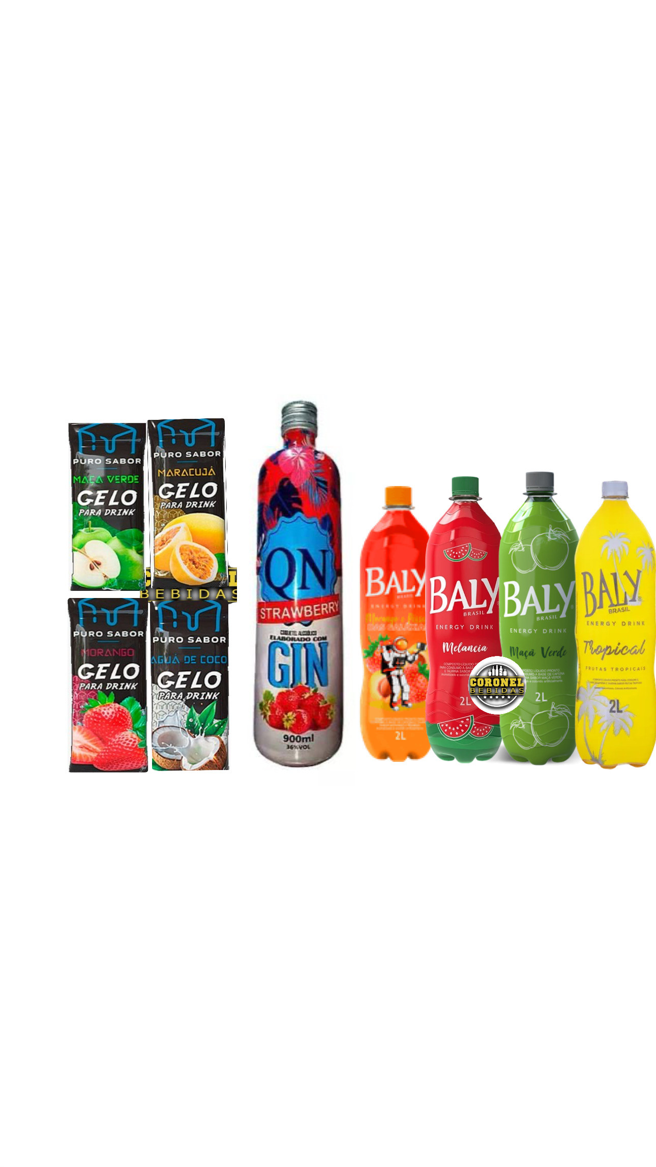 Gin Qn Morango + 1 Baly 2l (Sabores) + 4 Gelo (Sabores) 