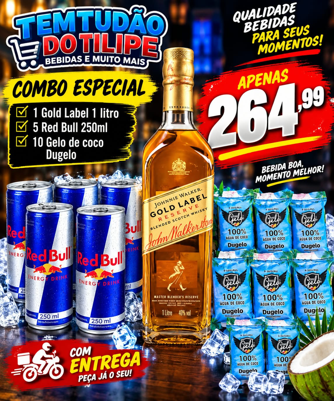 Combo Gold Label 750ML+5 Red Bull+10 Sache