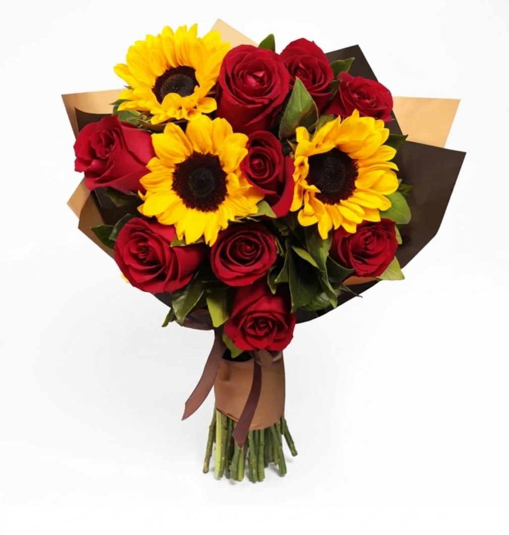 Buquê de rosas com girassóis