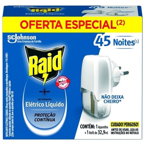 Repelente Elétrico Liquido 45 Noites Aparelho e Refil Original Raid 32,9ml