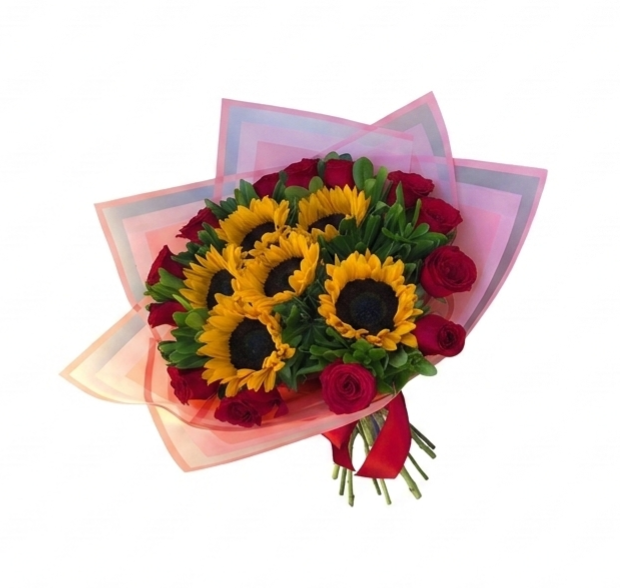 Buquê de rosas e girassol