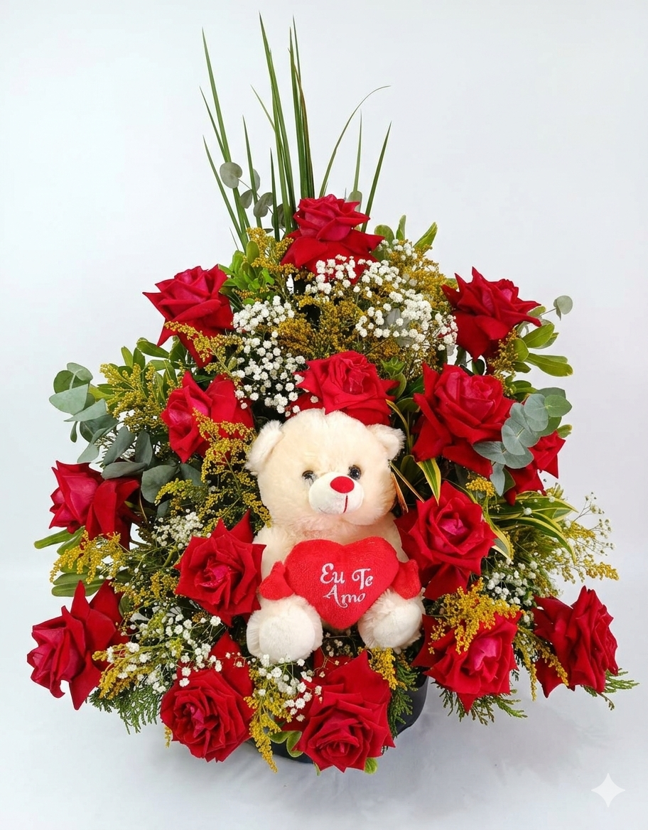 Arranjo de rosas vermelhas com pelúcia