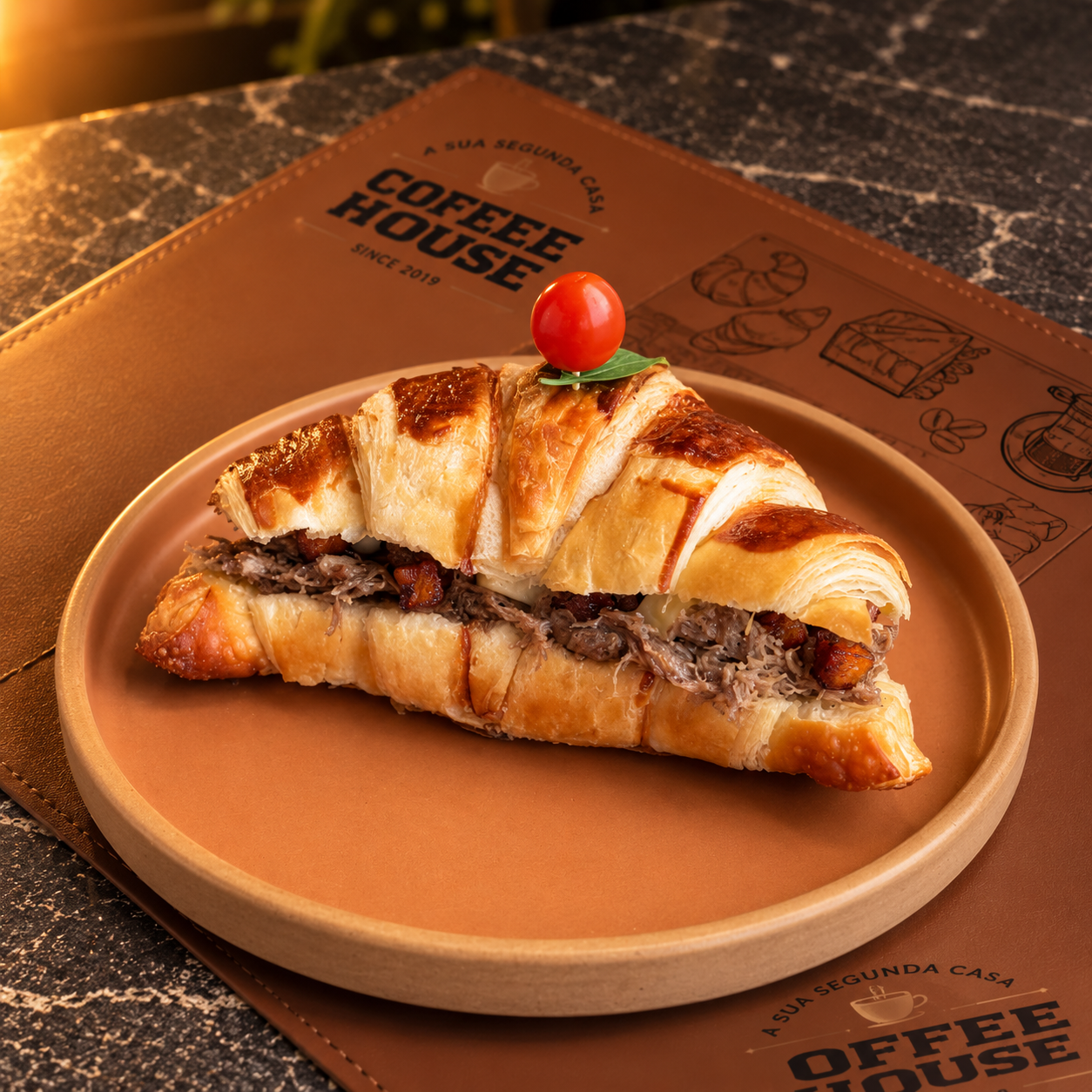 SANDUICHE CROISSANT COM CARNE SECA & COALHO
