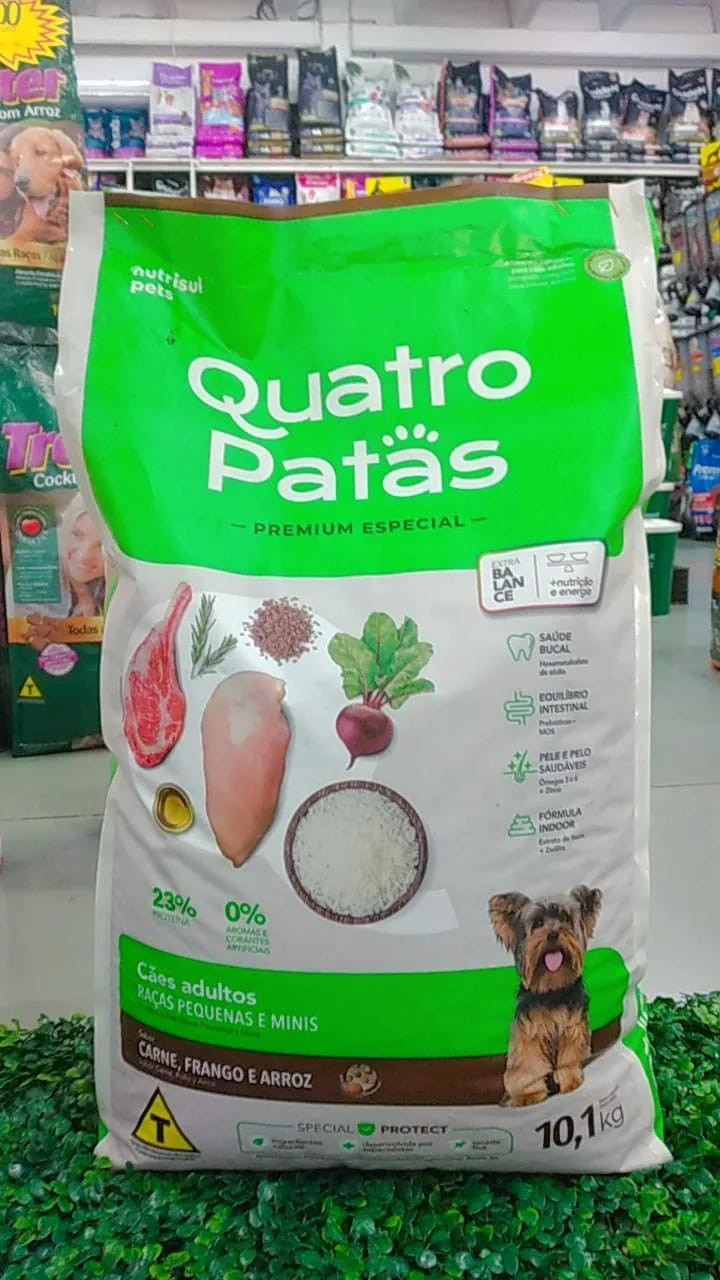 Quatro Patas Adulto Pequenas e Mini Sabor Carne, Frango e Arroz 