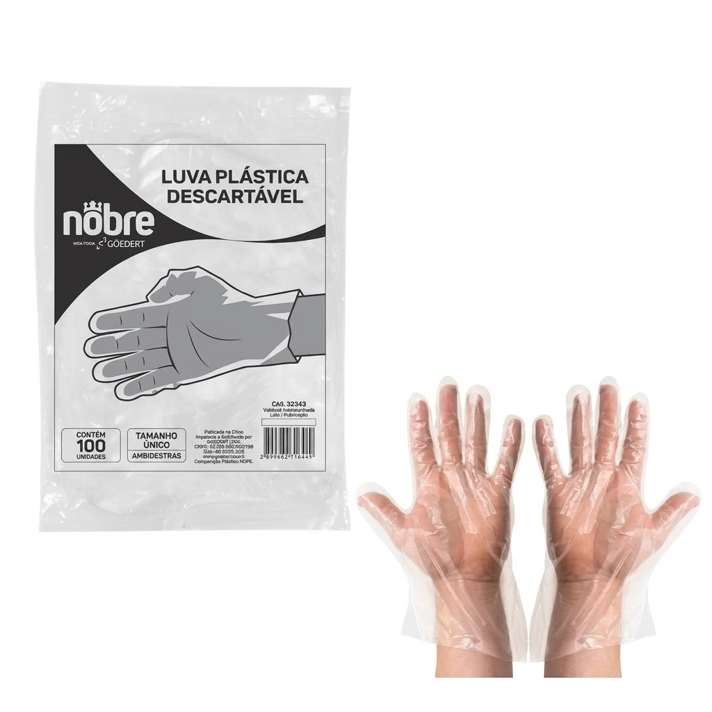 Luva Plástica Descartável Nobre Pacote 100 Unidades Transparente