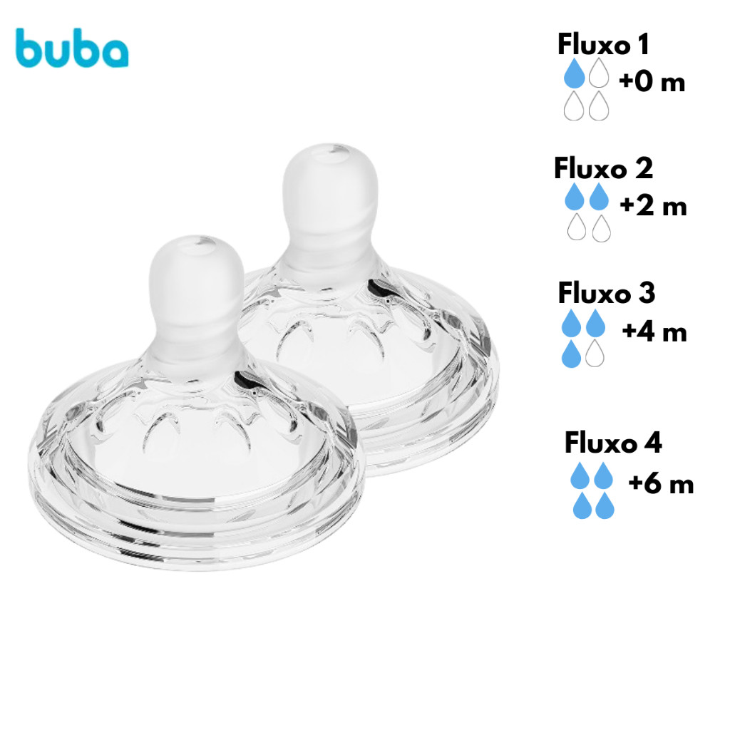 Kit Bico para Mamadeira Easy Flow Buba Válvula Anticólica Macio 100% Silicone 2 Unidades  3 MESES 